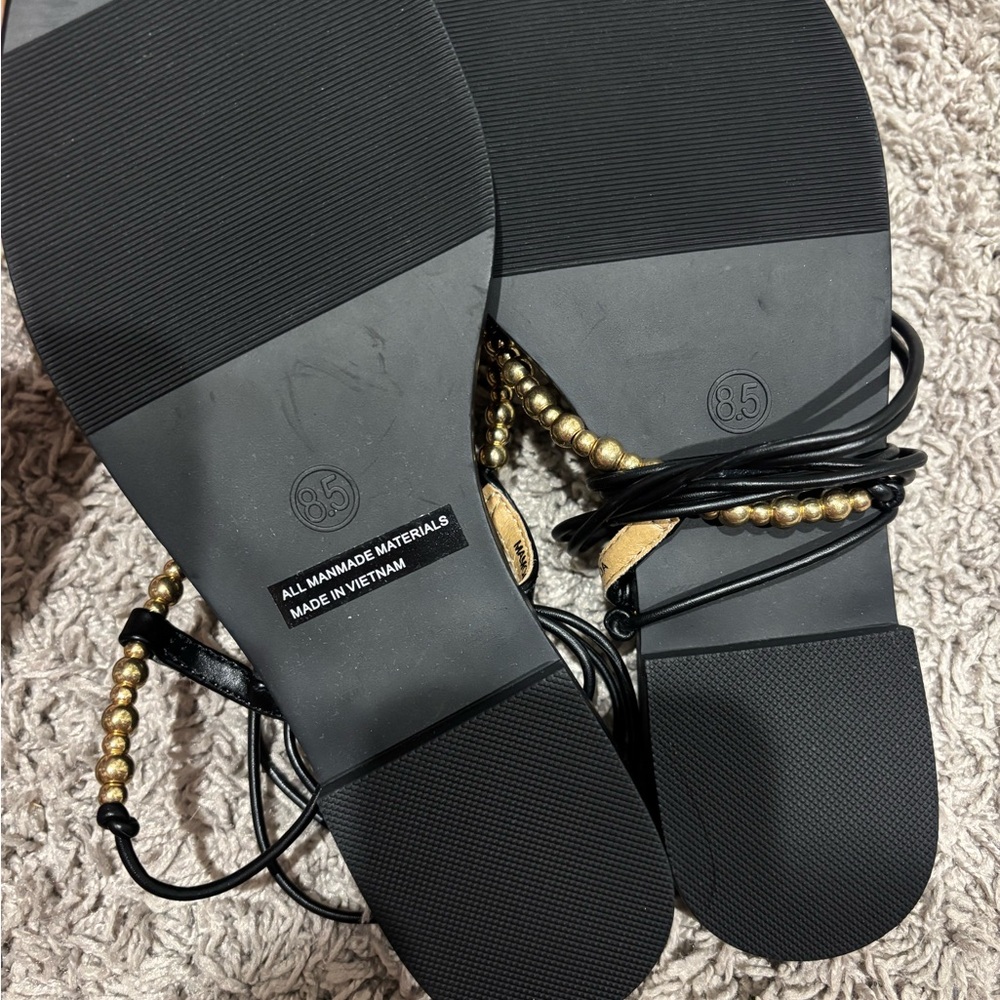 DV by Dolce Vita Black Sandals with Gold Beaded T-Strap and Lace-Up Ankle Ties - Picture 3 of 3